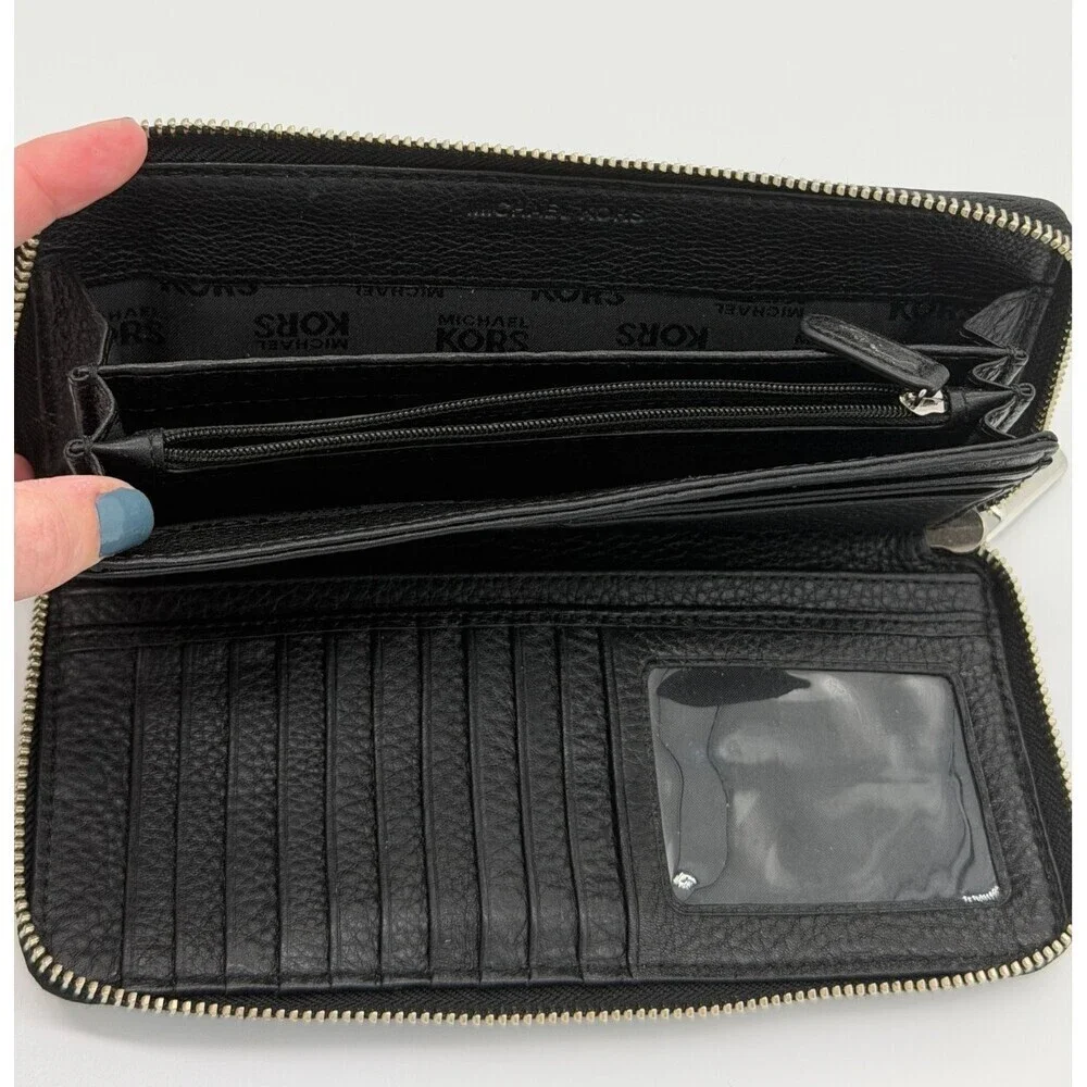 Michael Kors Jet Set Large Travel Continental Black Pebbled Leather Zip Wallet